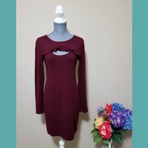 Moral Fiber Burgundy Ruffled Cut Out Front Dress